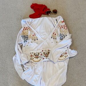 Men's White Elvis Costume with Red and Blue Accents